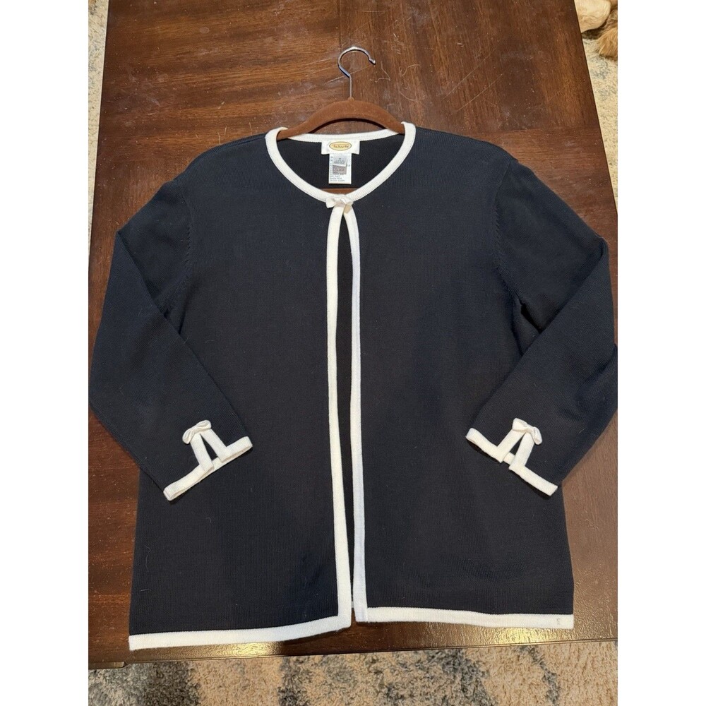 Talbots 3/4 Sleeve Open Front Cardigan Black With White Trim And Now Accents Med